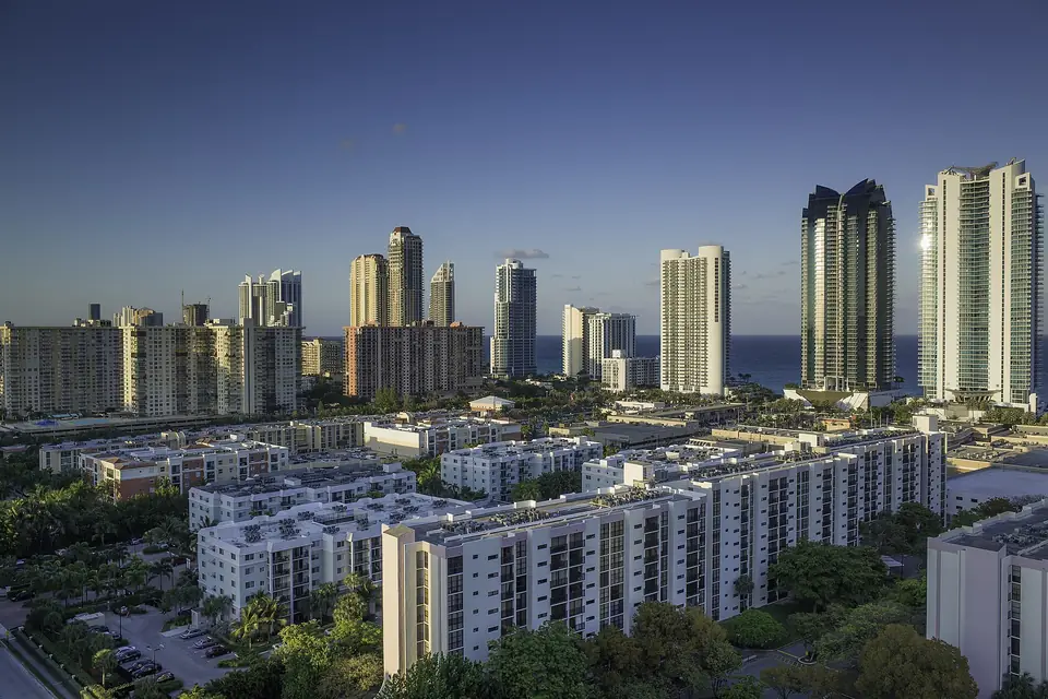 Condominium towers of Sunny Isles Beach, Florida seen from the west