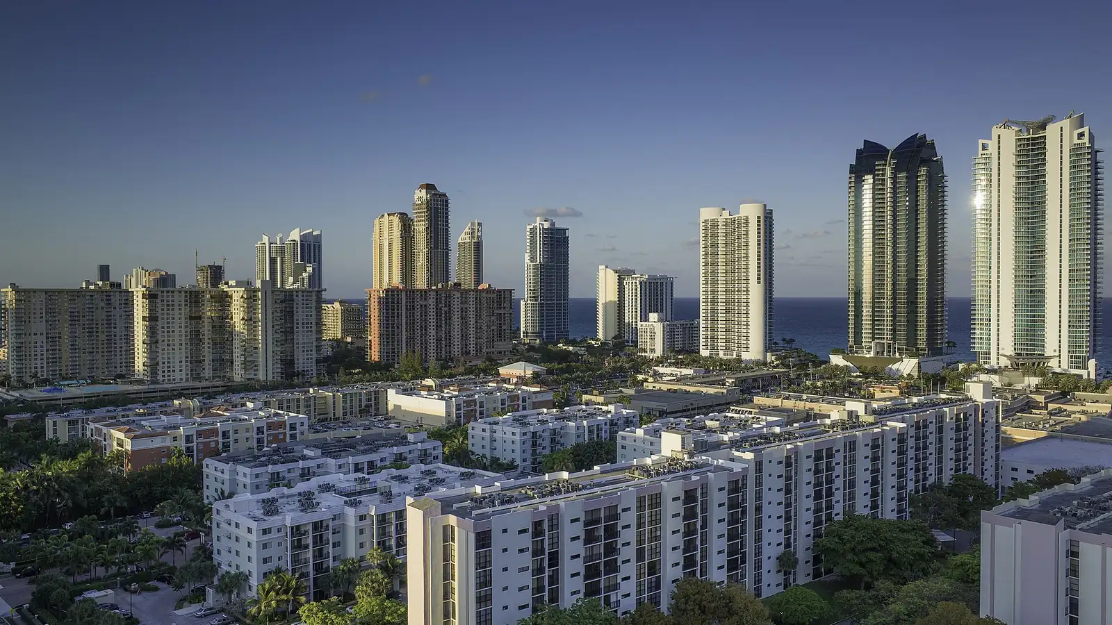 Condominium towers of Sunny Isles Beach, Florida seen from the west